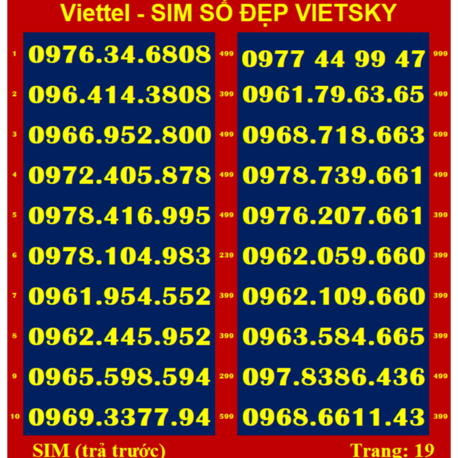SIM SỐ ĐẸP Viettel 09. T20,19 Sim mới 100%, chưa đăng kí, Sim viettel phủ sóng toàn quốc | simsodep vietsky