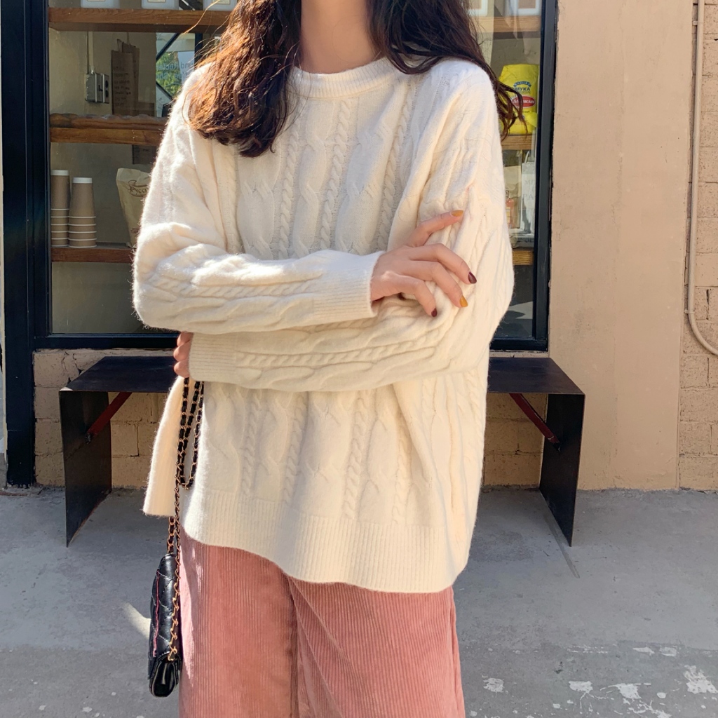 Áo len dệt kim nữ dáng rộng xoắn nhẹ basic mềm mại, áo sweater nữ from rộng dài tay phong cách Nhật Bản 4861