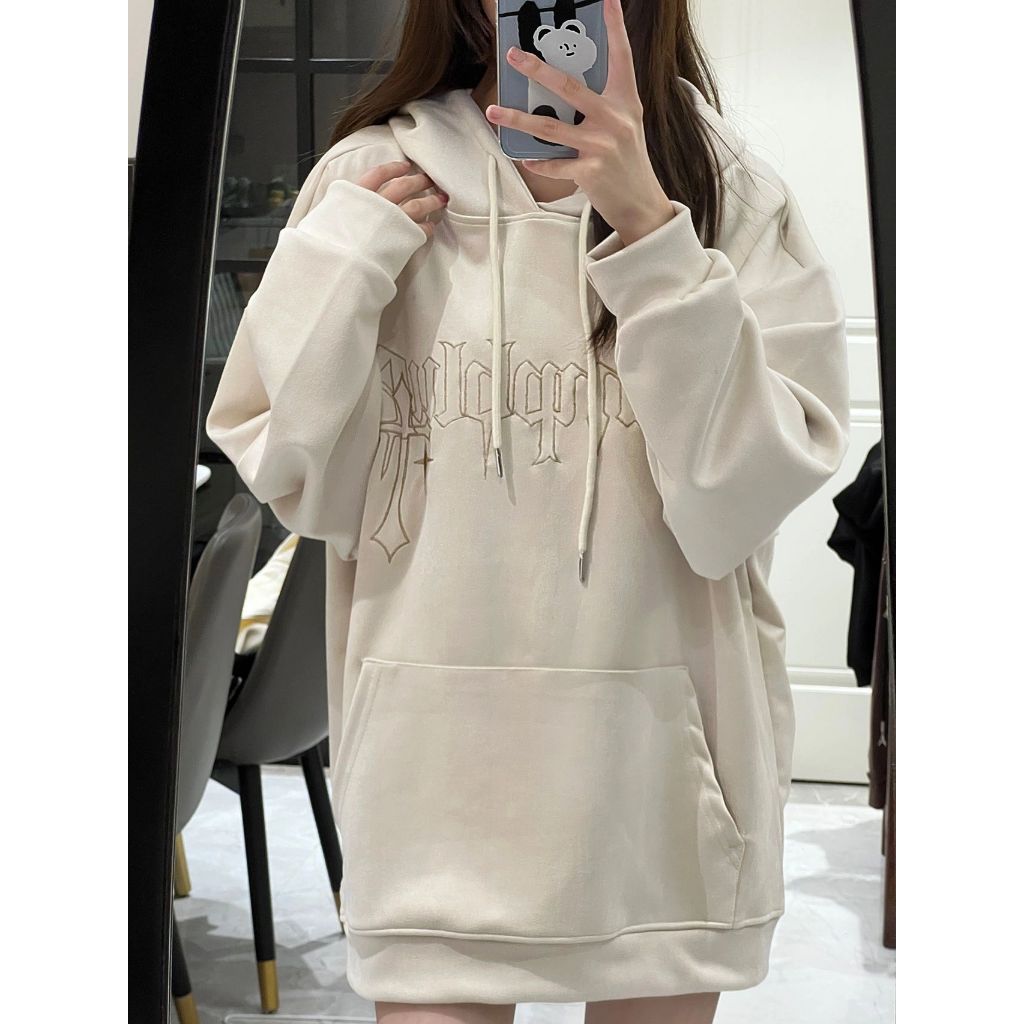 Áo hoodie nỉ unisex có mũ trùm đầu thiết kế thêu chữ thập, áo len oversze cho các cặp đôi mùa xuân thu 3800
