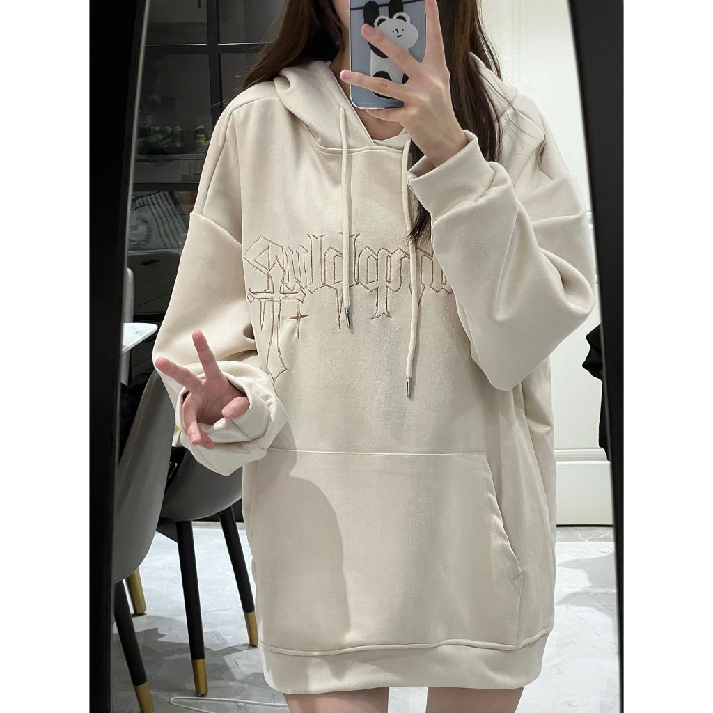 Áo hoodie nỉ unisex có mũ trùm đầu thiết kế thêu chữ thập, áo len oversze cho các cặp đôi mùa xuân thu 3800