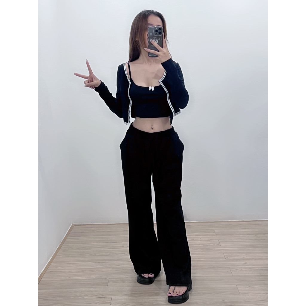 Áo Viền Đính Nơ Kèm Quần Suông Ống Rộng Borib Cotton By.Billy