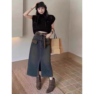 Xian Chân váy jean dài xẻ tà cạp cao kèm đai hàng Quảng Châu, Chân váy Midi Denim chữ A dáng dài màu Retro 021MS