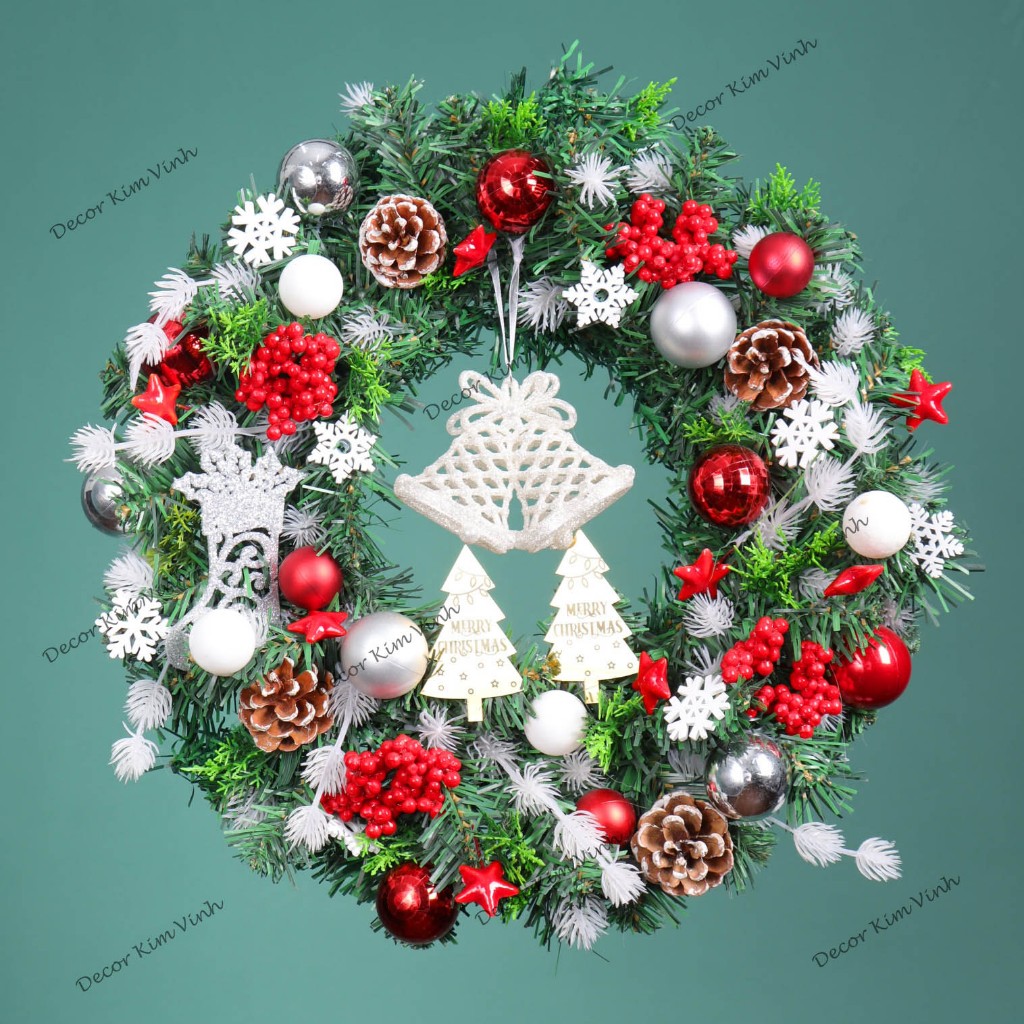 Vòng Hoa D105 40cm Trang Trí Noel Kèm Đèn, Vòng Nguyệt Quế Trang Trí Giáng Sinh