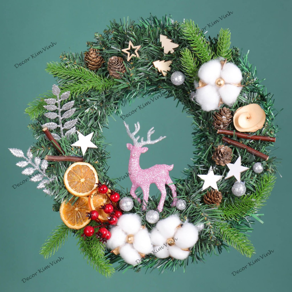 Vòng Hoa D107 35cm Trang Trí Noel Kèm Đèn, Vòng Nguyệt Quế Trang Trí Giáng Sinh