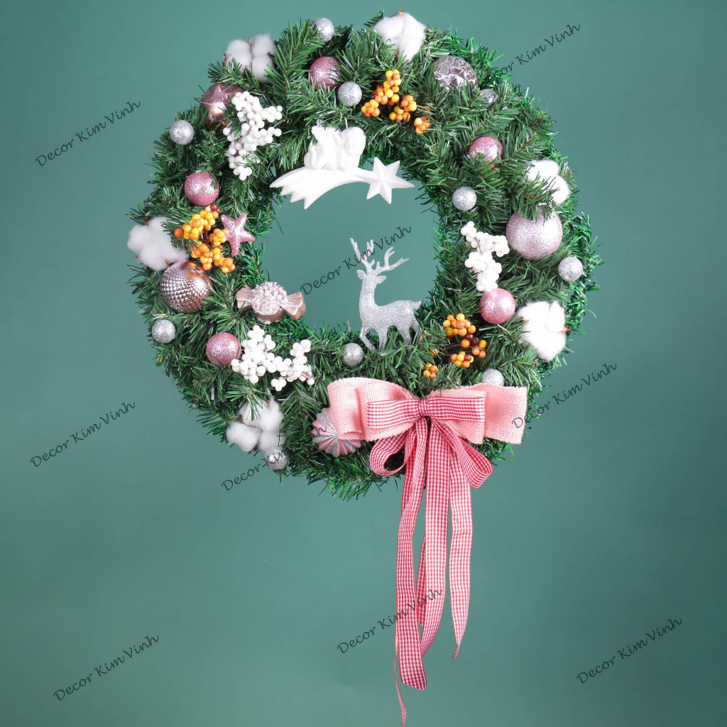 Vòng Hoa D108 50cm Trang Trí Noel Kèm Đèn, Vòng Nguyệt Quế Trang Trí Giáng Sinh