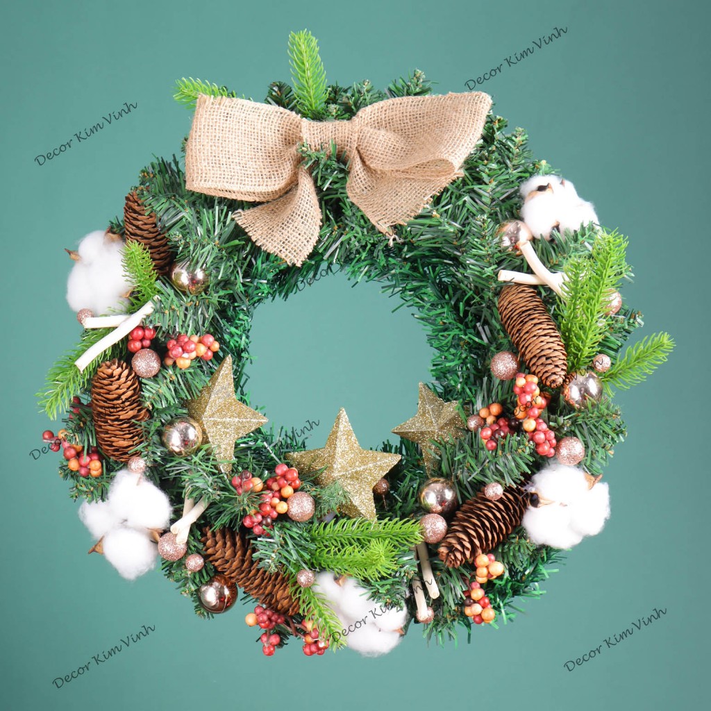 Vòng Hoa D106 40cm Trang Trí Noel Kèm Đèn, Vòng Nguyệt Quế Trang Trí Giáng Sinh
