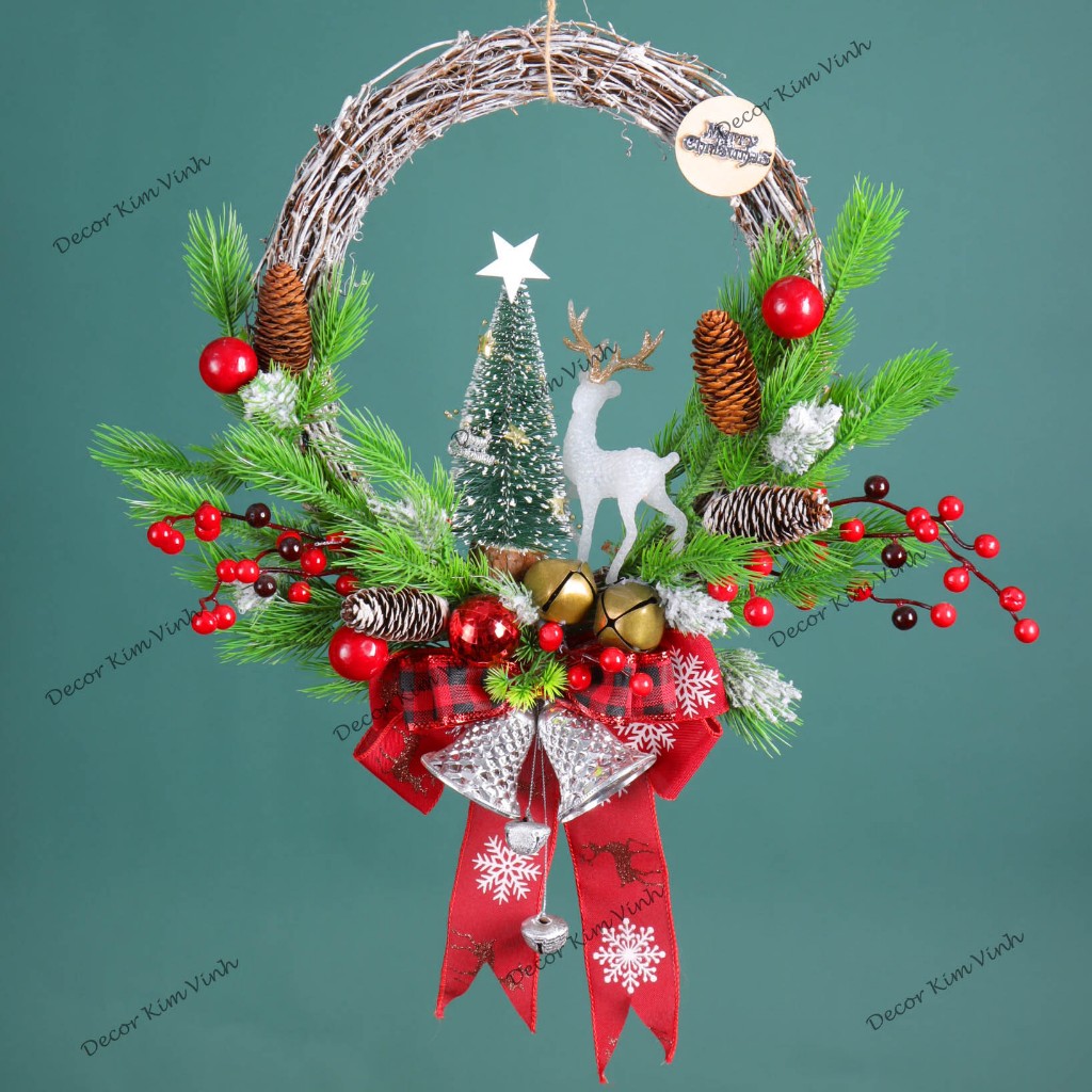 Vòng Hoa D110 30cm Trang Trí Noel Kèm Đèn, Vòng Nguyệt Quế Trang Trí Giáng Sinh