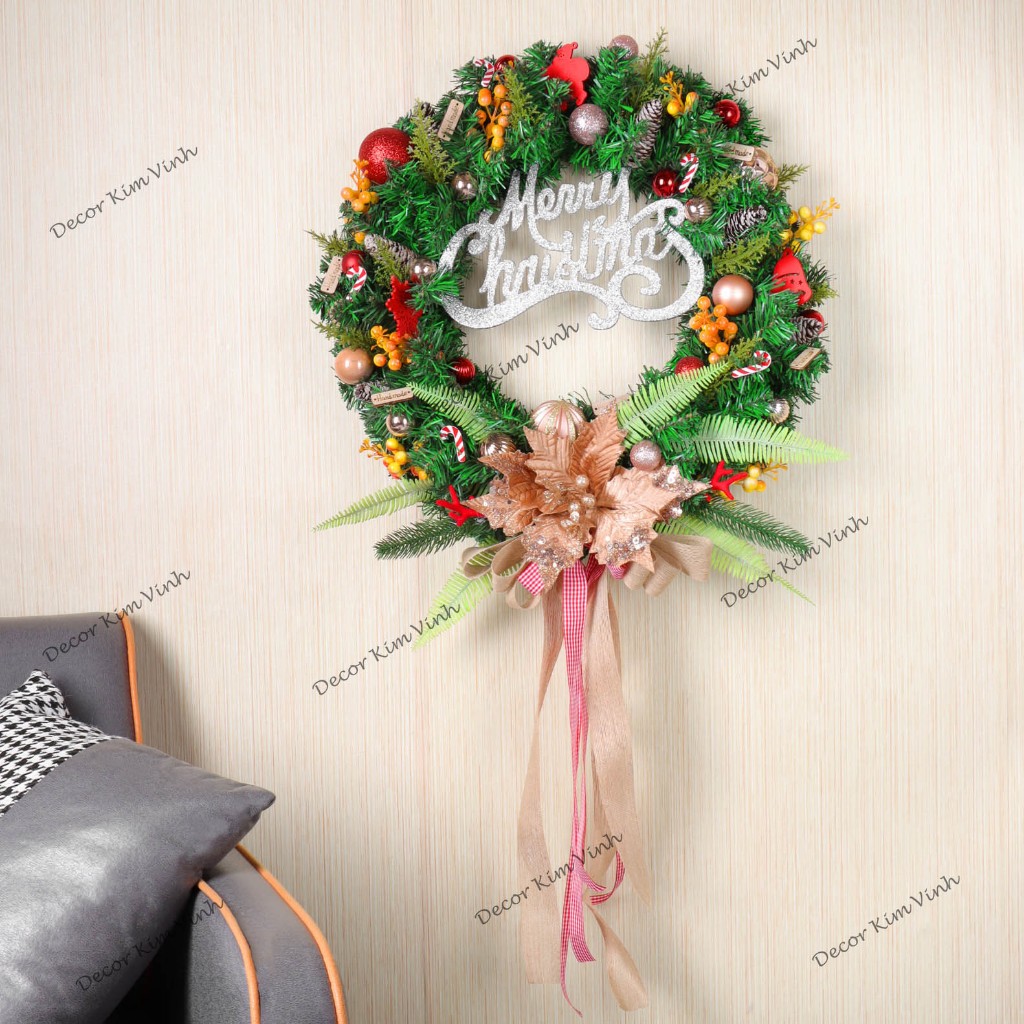 Vòng Hoa D114 50CM Trang Trí Noel Kèm Đèn, Vòng Nguyệt Quế Trang Trí Giáng Sinh