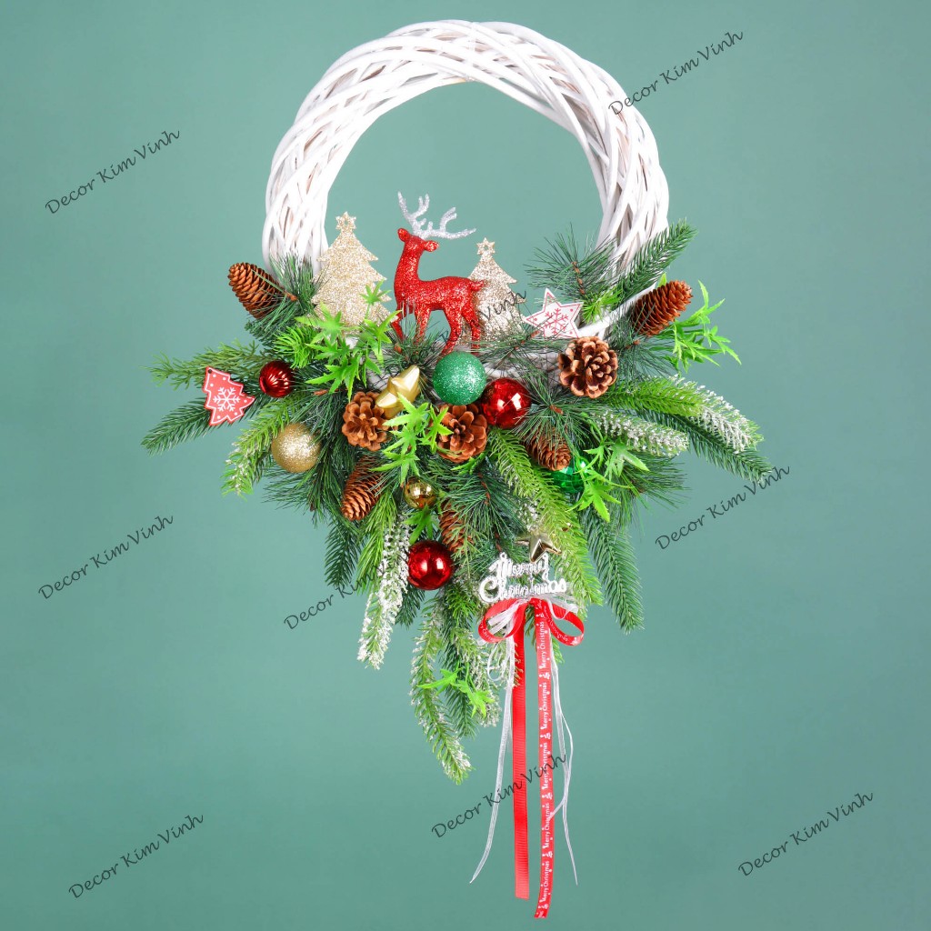 Vòng Hoa D113 30CM Trang Trí Noel Kèm Đèn, Vòng Nguyệt Quế Trang Trí Giáng Sinh