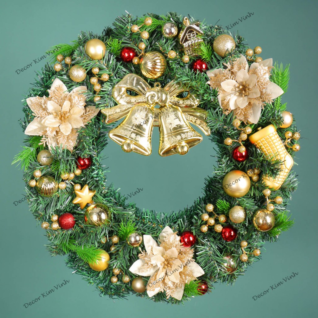 Vòng Hoa D115 VÀNG 50CM Trang Trí Noel Kèm Đèn, Vòng Nguyệt Quế Trang Trí Giáng Sinh