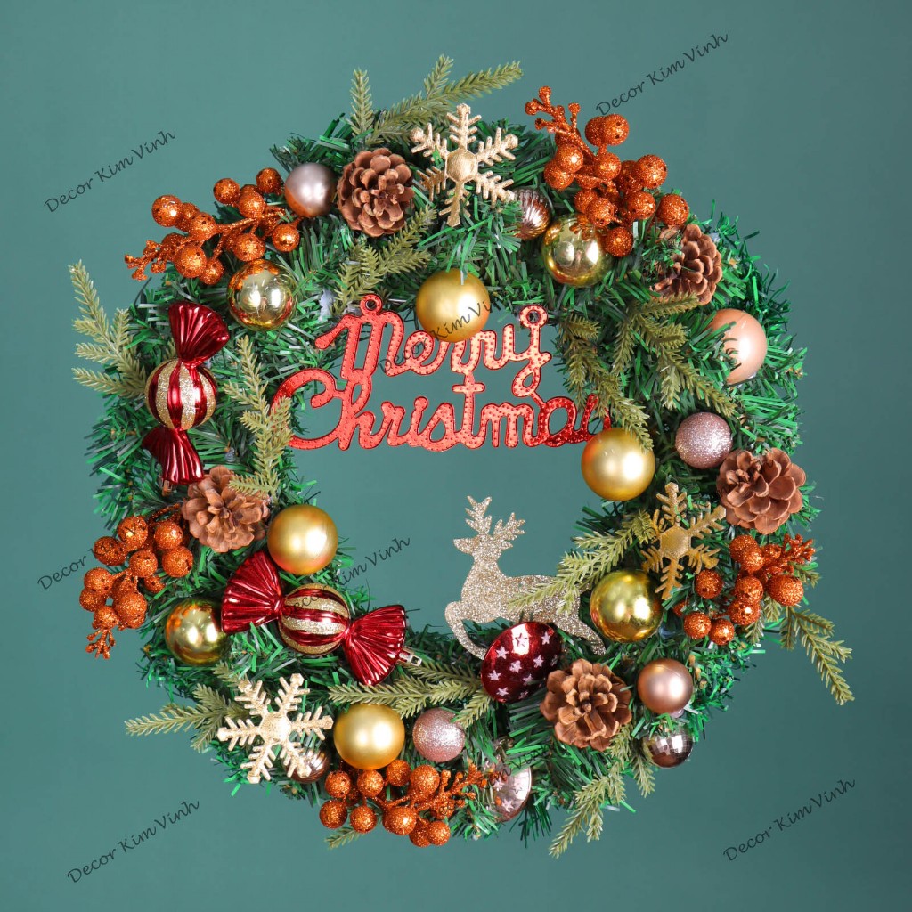 Vòng Hoa D112 40cm Trang Trí Noel Kèm Đèn, Vòng Nguyệt Quế Trang Trí Giáng Sinh