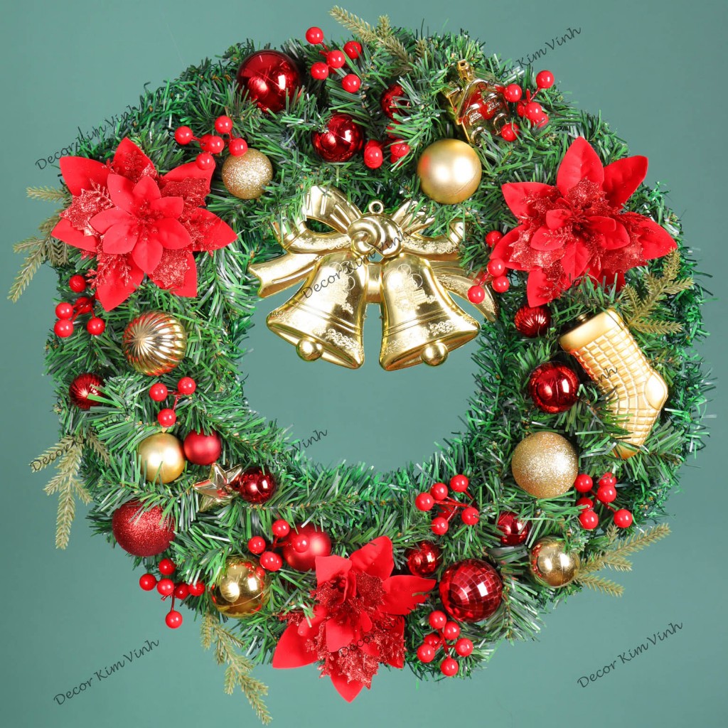 Vòng Hoa Trang Trí D115 ĐỎ 50CM Noel Kèm Đèn, Vòng Nguyệt Quế Trang Trí Giáng Sinh
