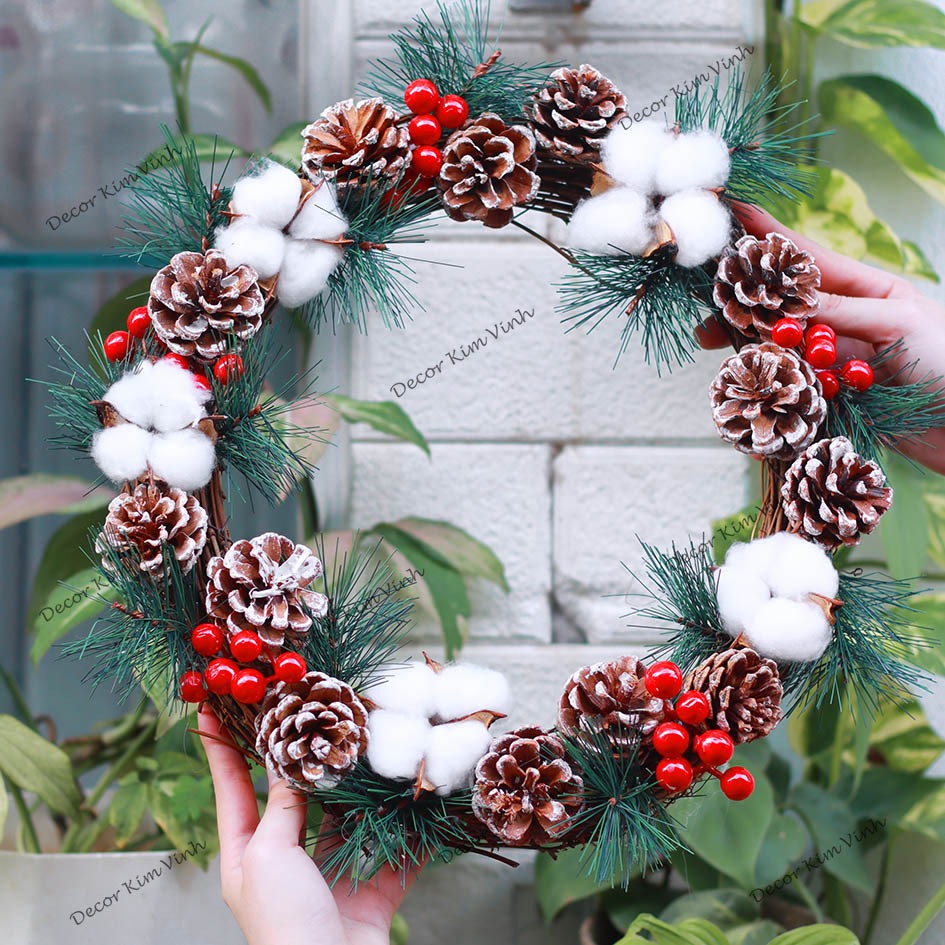 Vòng Hoa D116 30CM Trang Trí Noel Kèm Đèn, Vòng Nguyệt Quế Trang Trí Giáng Sinh