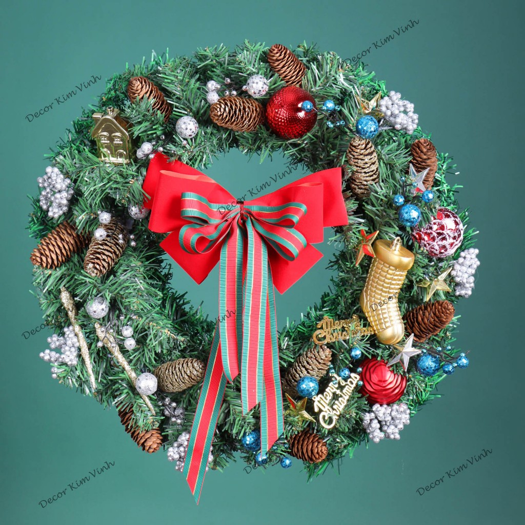 Vòng Hoa D111 50cm Trang Trí Noel Kèm Đèn, Vòng Nguyệt Quế Trang Trí Giáng Sinh