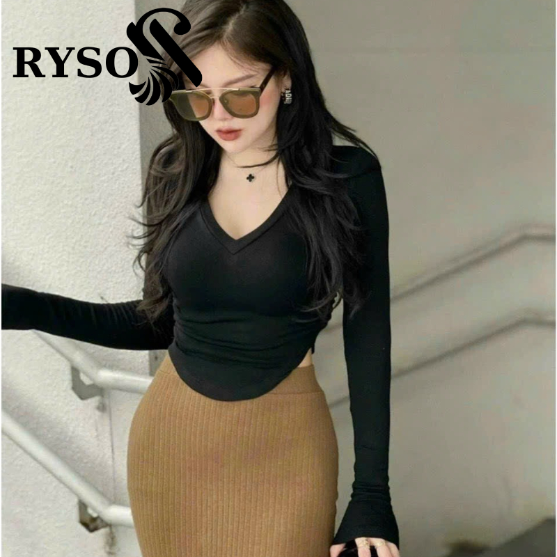 Áo tay dài cổ V vạt bầu nhún eo chất borip cao cấp RYSO FASHION form ôm dài