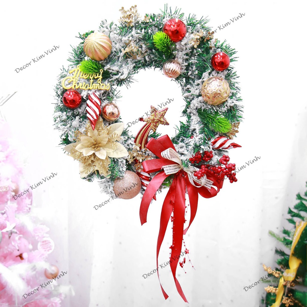 Vòng Hoa D117 40CM Trang Trí Noel Kèm Đèn, Vòng Nguyệt Quế Trang Trí Giáng Sinh