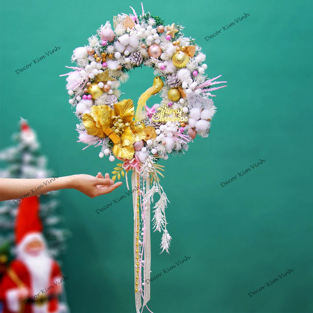 Vòng Hoa D120 40CM Trang Trí Noel Kèm Đèn, Vòng Nguyệt Quế Trang Trí Giáng Sinh