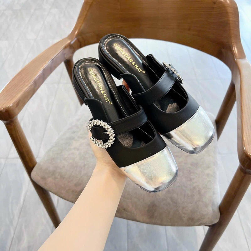 Giày sục bệt mules mũi vuông cnk quai ngang gắn đá C 4 màu mã EC269