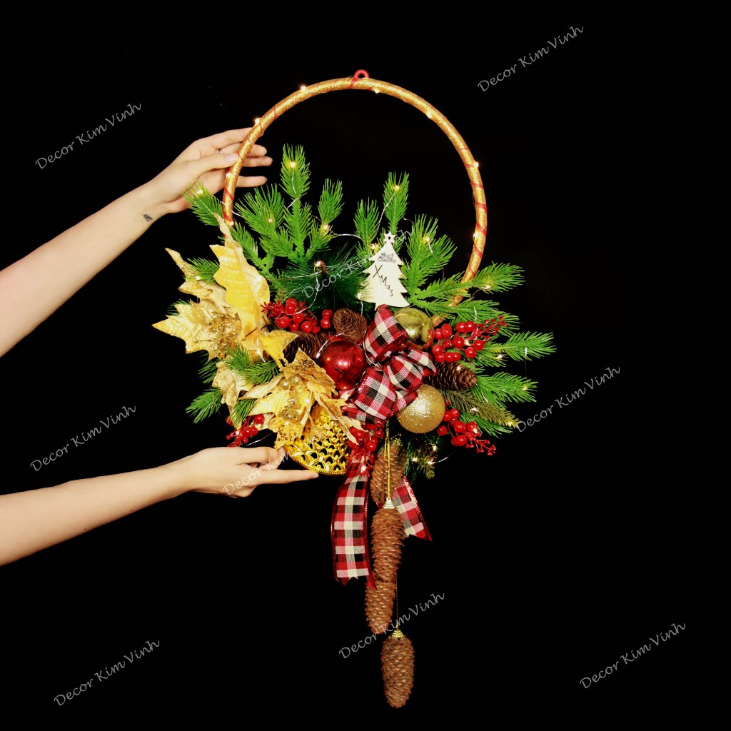Vòng Hoa D121 30CM Trang Trí Noel Kèm Đèn, Vòng Nguyệt Quế Trang Trí Giáng Sinh