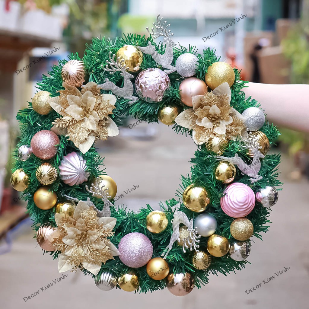 Vòng Hoa D123 45CM Trang Trí Noel Kèm Đèn, Vòng Nguyệt Quế Trang Trí Giáng Sinh