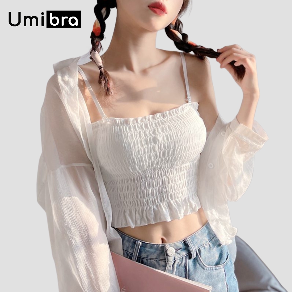 Áo hai dây quây sẵn mút mặc 2 kiểu nhún bèo co dãn thời trang - Umibra AB12