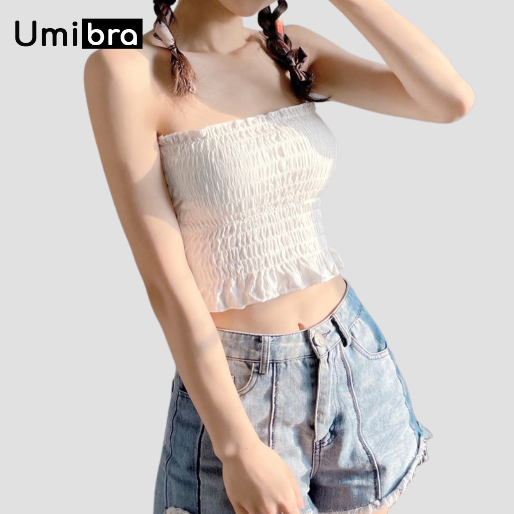 Áo hai dây quây sẵn mút mặc 2 kiểu nhún bèo co dãn thời trang - Umibra AB12