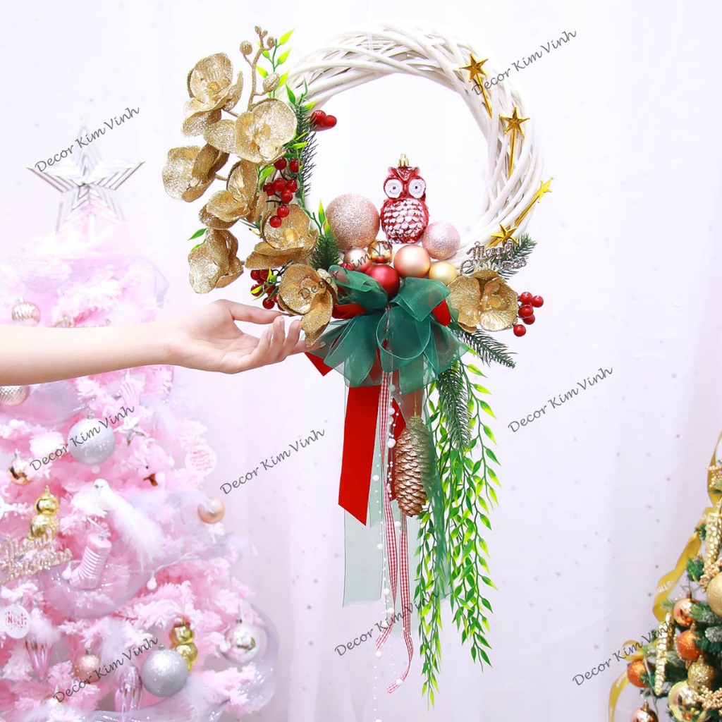 Vòng Hoa D128 30CM Trang Trí Noel Kèm Đèn, Vòng Nguyệt Quế Trang Trí Giáng Sinh