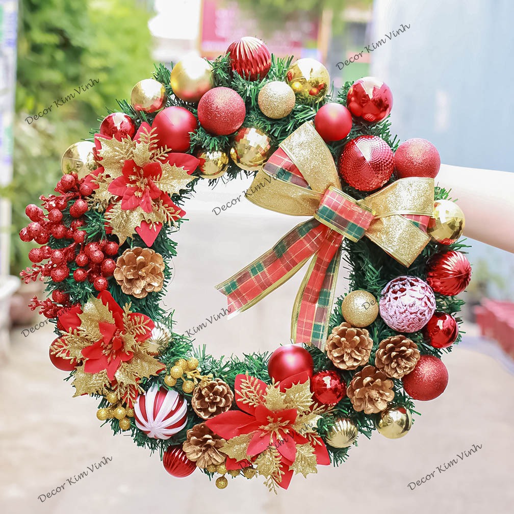 Vòng Hoa D126 45CM Trang Trí Noel Kèm Đèn, Vòng Nguyệt Quế Trang Trí Giáng Sinh