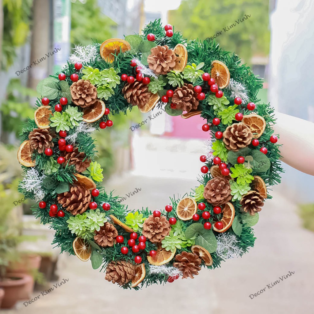 Vòng Hoa D129 45CM Trang Trí Noel Kèm Đèn, Vòng Nguyệt Quế Trang Trí Giáng Sinh