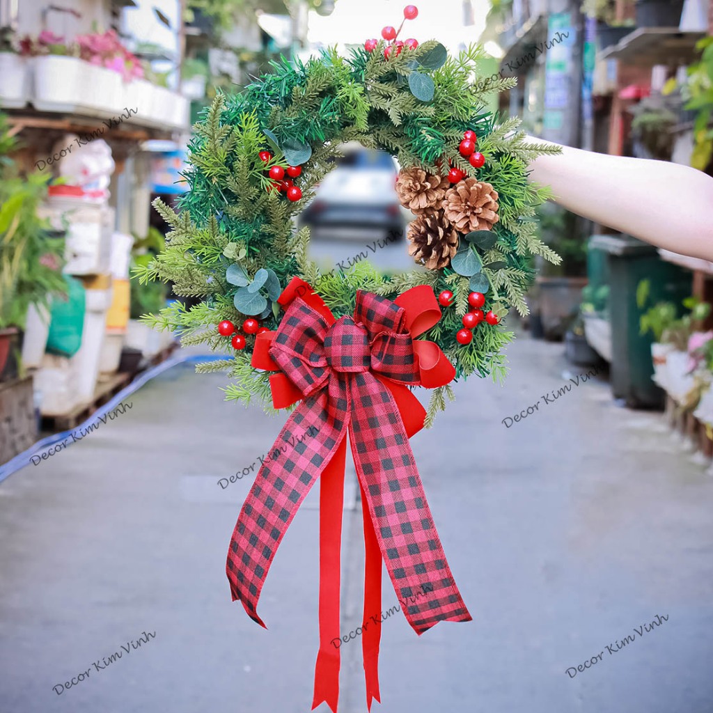 Vòng Hoa D131 45CM Trang Trí Noel Kèm Đèn, Vòng Nguyệt Quế Trang Trí Giáng Sinh