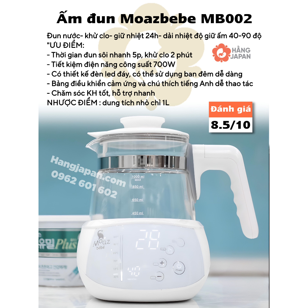 Bình đun nước pha sữa thông minh đa năng khử Clo, giữ nhiệt 24 giờ Moaz BéBe MB002/MB012 - Bảo hành chính hãng