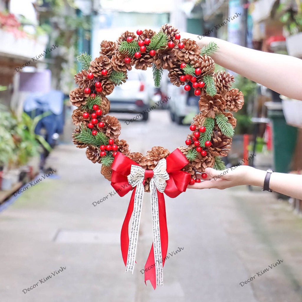 Vòng Hoa D132 35CM Trang Trí Noel Kèm Đèn, Vòng Nguyệt Quế Trang Trí Giáng Sinh