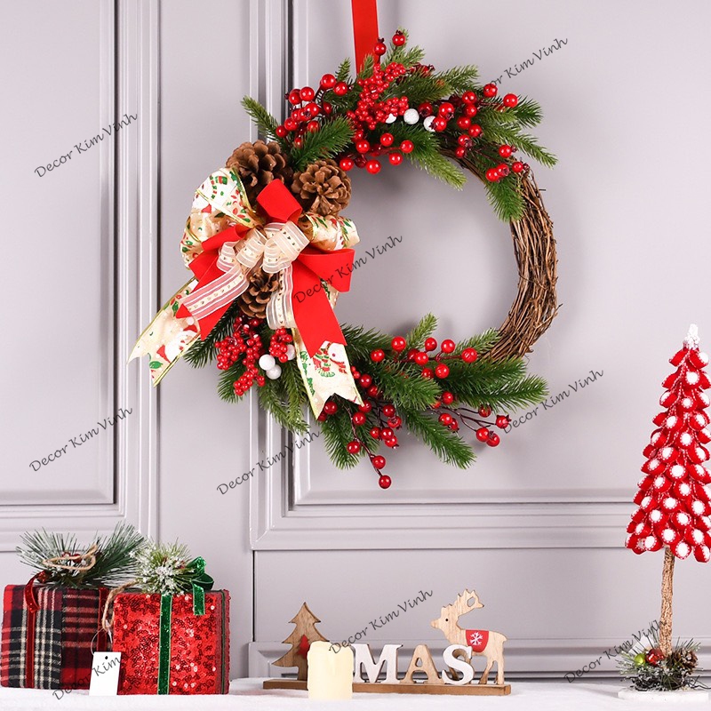 Vòng Hoa D133 30CM Trang Trí Noel Kèm Đèn, Vòng Nguyệt Quế Trang Trí Giáng Sinh