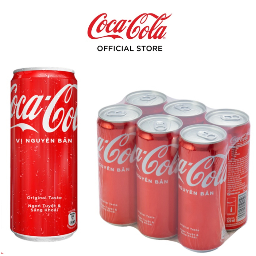 Lốc 6 Lon Nước Giải Khát Coca-Cola vị Nguyên Bản Original Lon 320ml, nước giải khát có gas - HÀNG CÓ SẴN