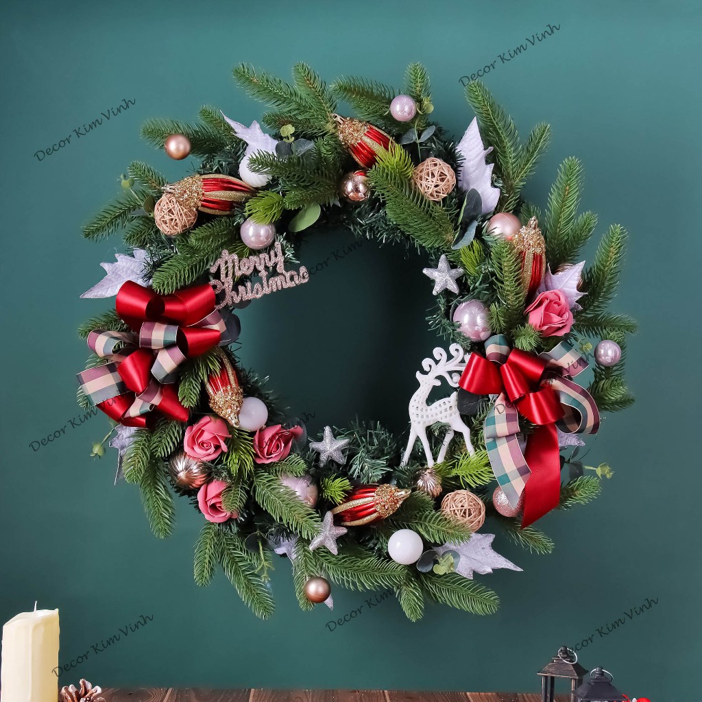 Vòng Hoa D139 60CM Trang Trí Noel Kèm Đèn, Vòng Nguyệt Quế Trang Trí Giáng Sinh