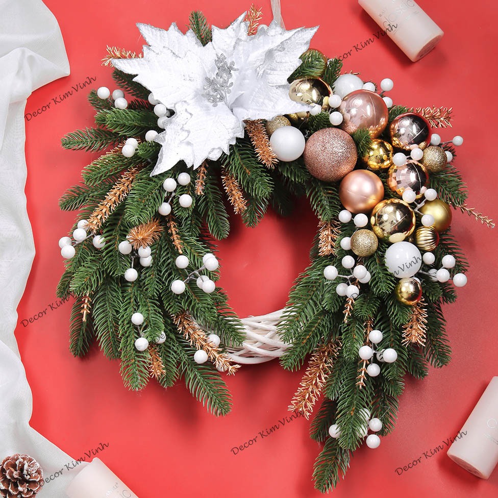 Vòng Hoa D140 40CM Trang Trí Noel Kèm Đèn, Vòng Nguyệt Quế Trang Trí Giáng Sinh