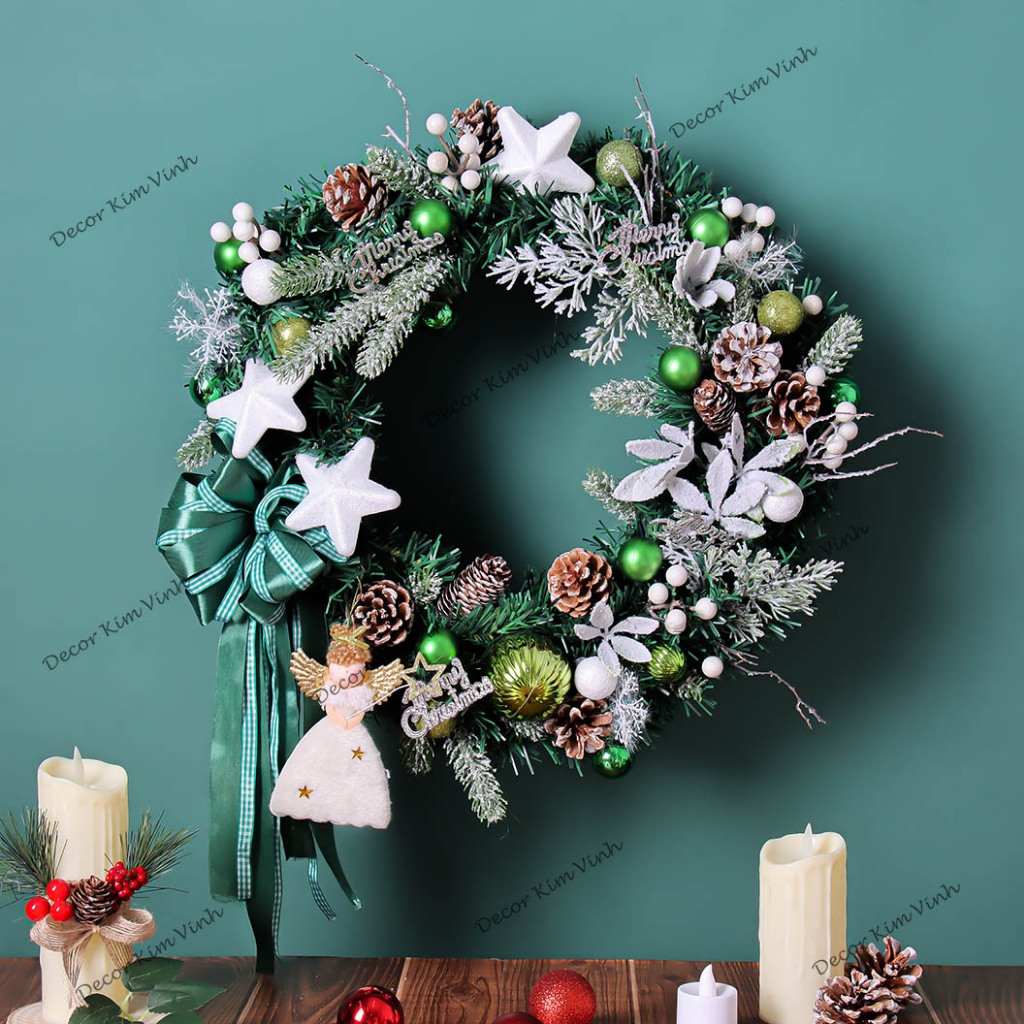 Vòng Hoa D141 45CM Trang Trí Noel Kèm Đèn, Vòng Nguyệt Quế Trang Trí Giáng Sinh