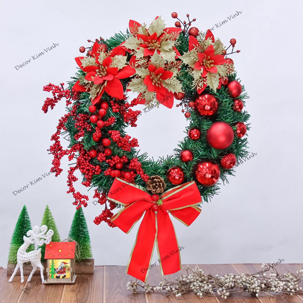 Vòng Hoa D145 40CM Trang Trí Noel Kèm Đèn, Vòng Nguyệt Quế Trang Trí Giáng Sinh