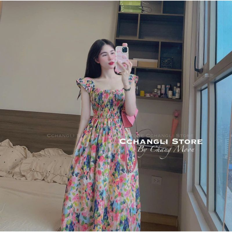 *Đầm thời trang nữ xuất sắc mặc dự tiệc chất liệu Voan dày dặn in hoa cổ vuông tay bèo Mokinh thân trước Đầm ôm eo dài