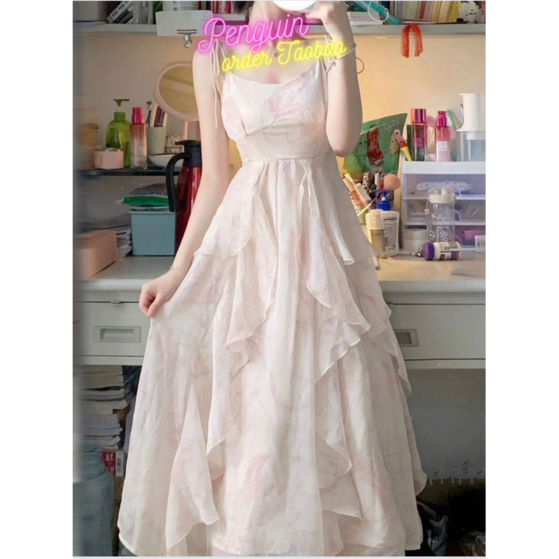 D51 Đầm váy voan maxi hai dây trắng loang hồng phối bèo hàng Taobao sẵn size S