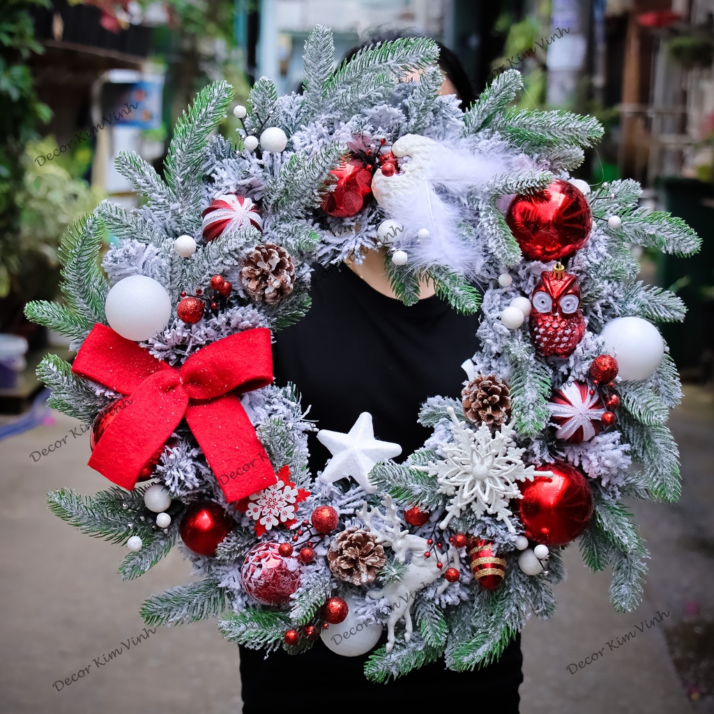 Vòng Hoa D147 60CM Trang Trí Noel Kèm Đèn, Vòng Nguyệt Quế Trang Trí Giáng Sinh
