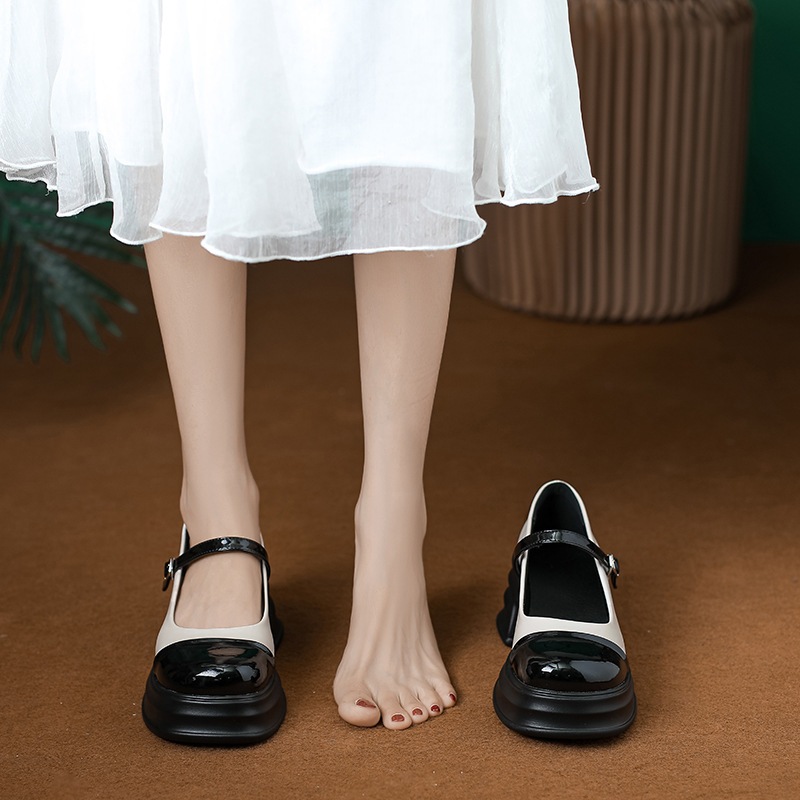 Giày đốc nữ marry jane chất da mềm phối 2 màu, giày búp bê cài khuy ngang đế Pu 5cm