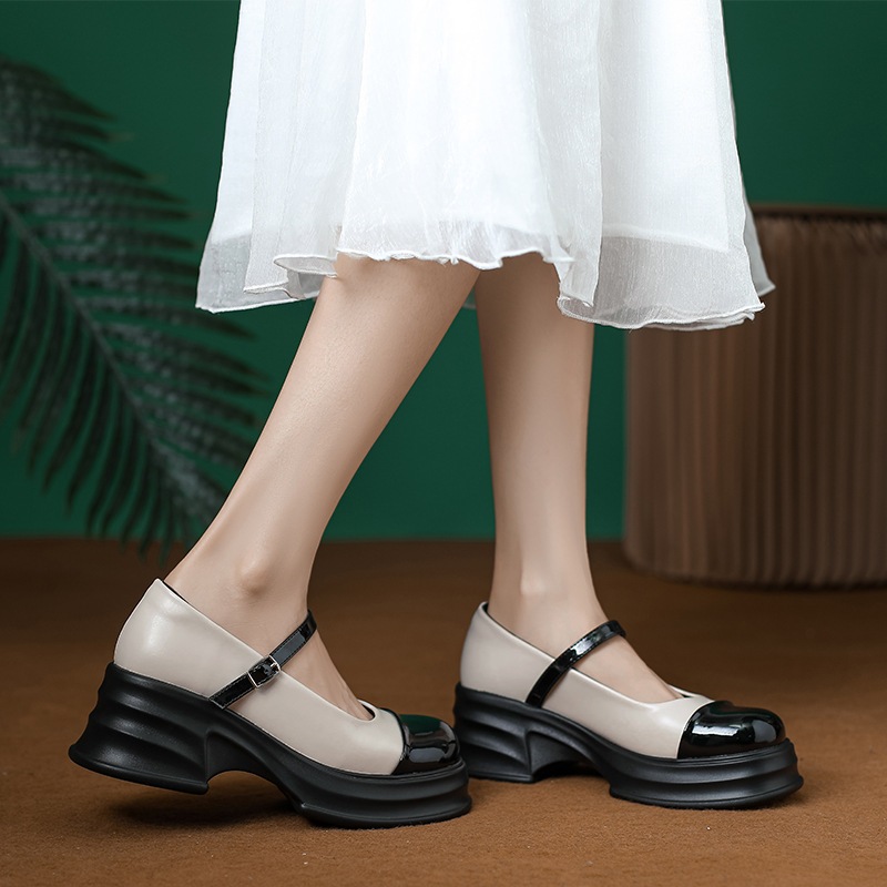 Giày đốc nữ marry jane chất da mềm phối 2 màu, giày búp bê cài khuy ngang đế Pu 5cm