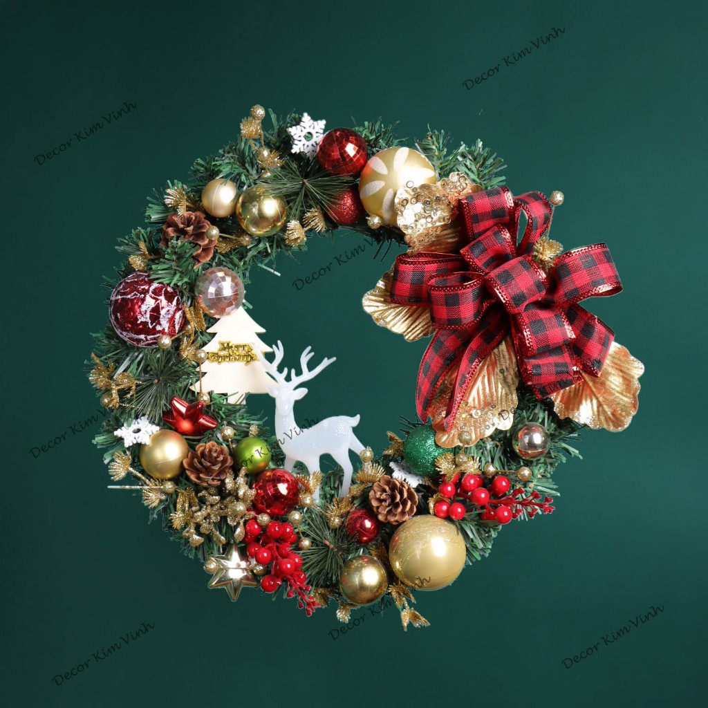 Vòng Hoa D81 40CM Trang Trí Noel Kèm Đèn, Vòng Nguyệt Quế Trang Trí Giáng Sinh