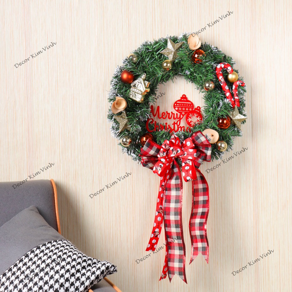 Vòng Hoa D88 40CM Trang Trí Noel Kèm Đèn, Vòng Nguyệt Quế Trang Trí Giáng Sinh