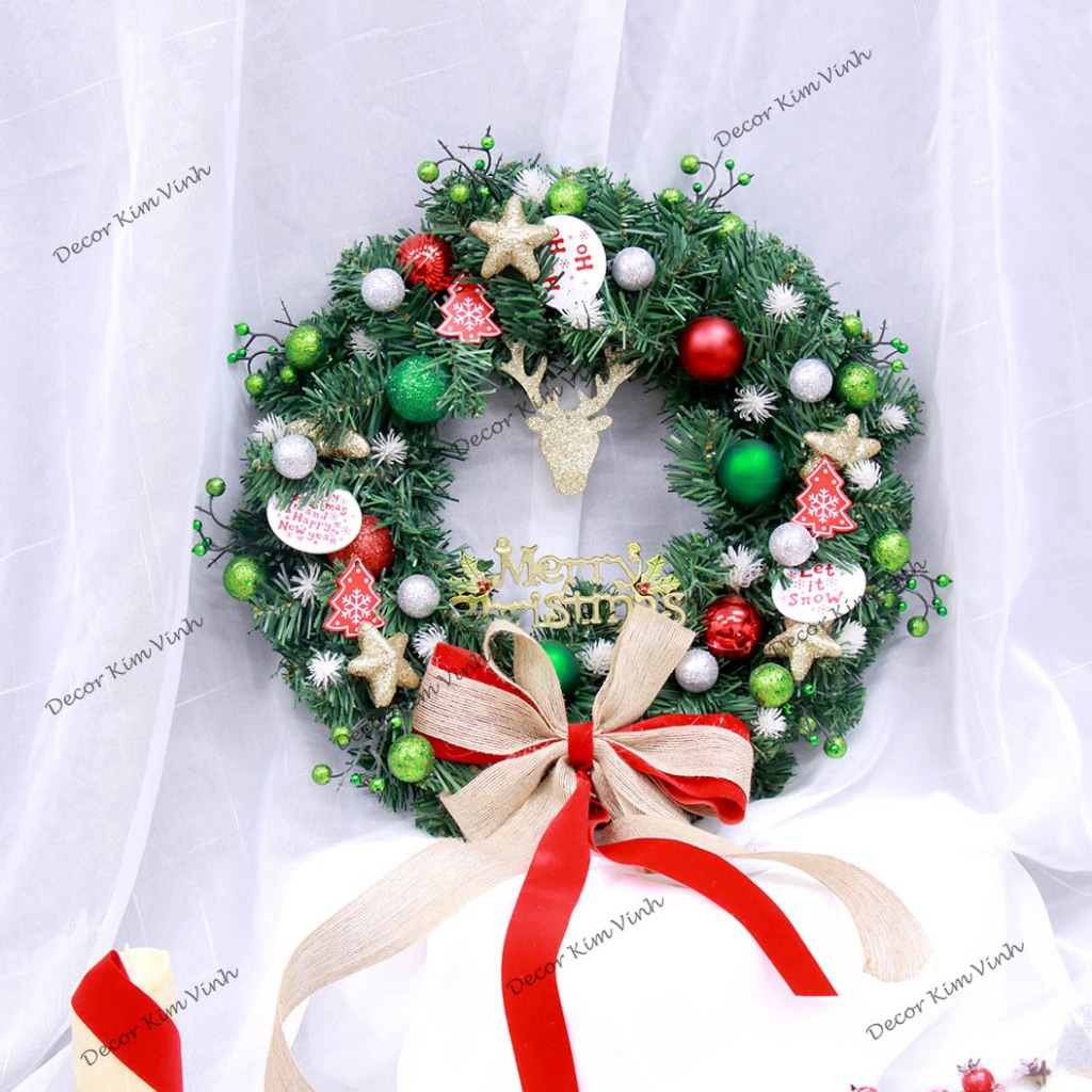 Vòng Hoa D89 40CM Trang Trí Noel Kèm Đèn, Vòng Nguyệt Quế Trang Trí Giáng Sinh