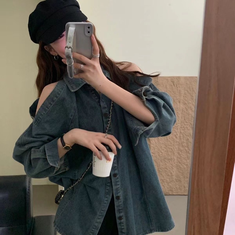Áo Sơ Mi denim khoét vai Tay Dài Phong Cách Hàn Quốc Thời Trang Mùa Thu Mới 2023 Dành Cho Nữ