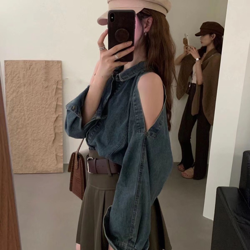 Áo Sơ Mi denim khoét vai Tay Dài Phong Cách Hàn Quốc Thời Trang Mùa Thu Mới 2023 Dành Cho Nữ