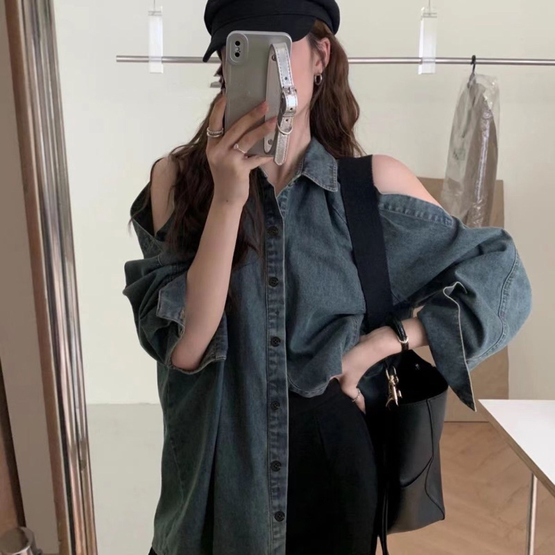 Áo Sơ Mi denim khoét vai Tay Dài Phong Cách Hàn Quốc Thời Trang Mùa Thu Mới 2023 Dành Cho Nữ