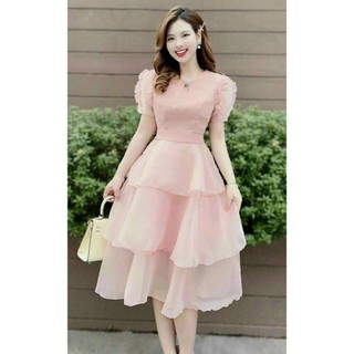 Đầm dự tiệc cao cấp dáng xòe tầng kèm phụ kiện voan tơ mềm mại chuẩn shop